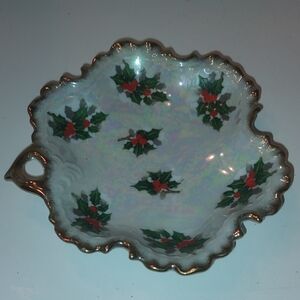 Ucagco Christmas Candy Dish Mother of Pearl Porcelain Holly Berry w/ Gold Trim